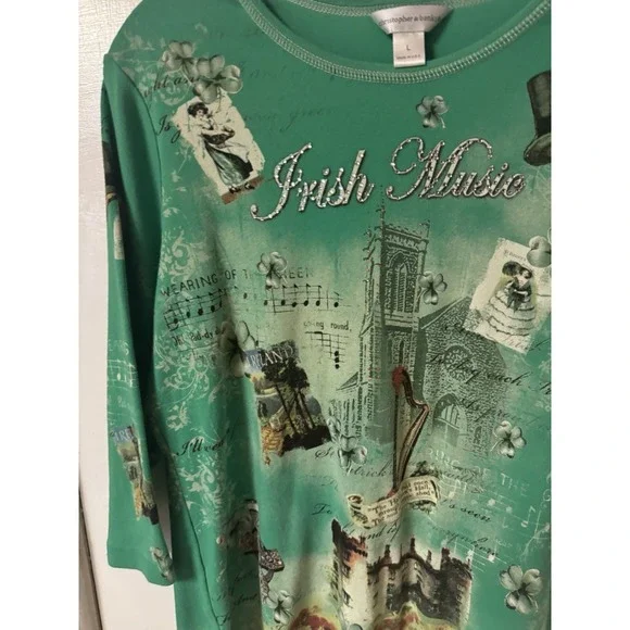 Christopher & Banks Women's Size L Irish Theme Cotton 3/4 Sleeve Cotton Shirt - Picture 2 of 15